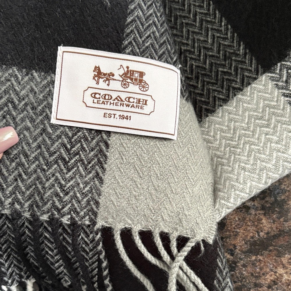 Coach Gray and Black Herringbone Fringe Scarf